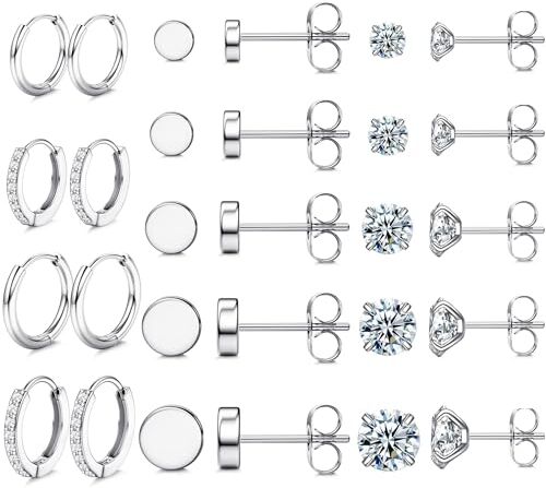 JeweBella Orecchini Acciaio Chirurgico Donna Piccoli Orecchini a Cerchio Argento Set Orecchini Opale Zirconia per Piercing Multipli Orecchini Anallergici Cartilagine Piercing Orecchio per Donna Uomo