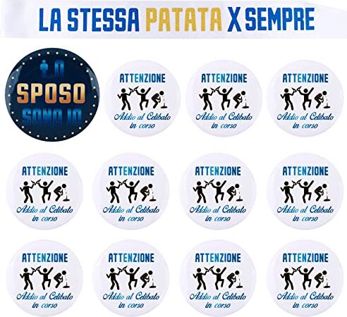 BETESSIN 13pz Addio al Celibato Gadget Sposo Fascia LA Stessa Patata per Sempre Spilla Sposo 11pz Spille Amico dello Sposo Confezione Groom To Be Addio Celibato per Festa Matrimonio Nozze Fidanzamento