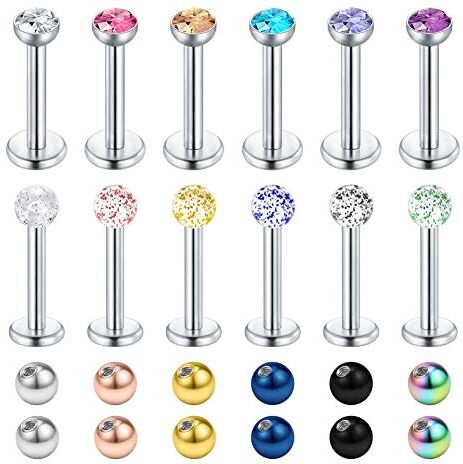 Longita 16G Acciaio Chirurgico Palla CZ Piercing Trago Orecchio Labbro Labret Monroe Anelli Stud Perno Helix Orecchini con Sfere di Ricambio Barra 6mm 8mm 12 Pezzi