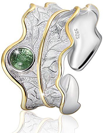 Springlight ✦ Regalo San Valentino Anelli Donna in argento sterling S925 Signore ad anello largo anello di foglie Anello grande in pietra verde/ambra Gioielli regalo donna.(Green)