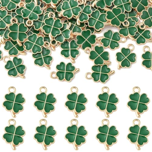 INGJIA 48 Pcs Ciondoli Quadrifoglio in Metallo Colore Verde, Quadrifoglio per Fai Te Collane Bracciali Ciondolo Portafortuna per Collana Bracciale Orecchini Portachiavi