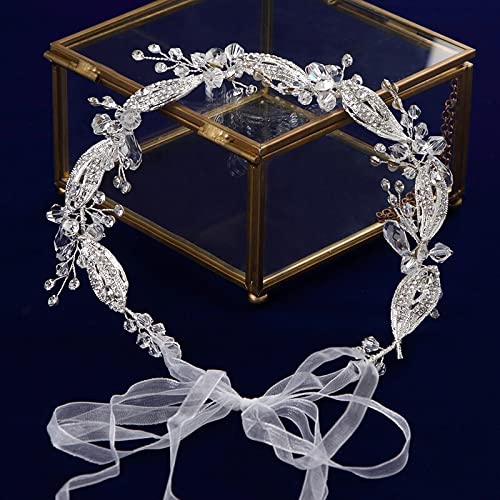 XqmarT Tiara di diamanti, fascia per capelli da sposa a foglia fatta a mano, fascia morbida, ornamento per capelli di perle da sposa, tiara di cristallo