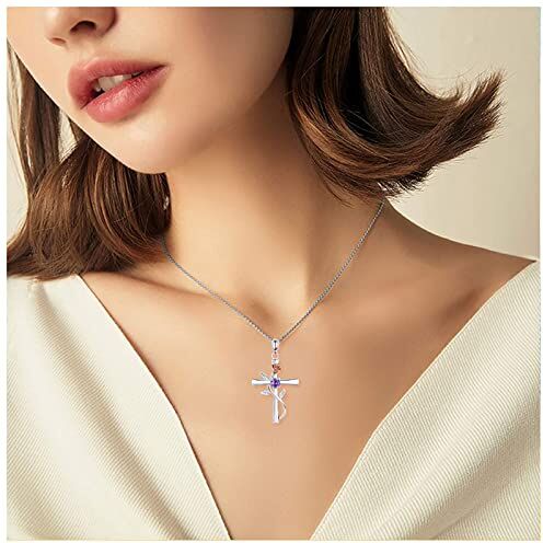 Dishowme Collana con ciondolo a croce rosa Collana con crocifisso a foglia di fiore di cristallo Gioielli con croce cristiana religiosa per donne ragazze adolescenti (Blu)