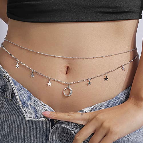 Atentuyi Boho Stratificato Vita Catena Argento Luna Stella Pancia Catena Perlina Corpo Catena Estate Spiaggia Sexy Imbracatura Bikini Boho Nappa Corpo Accessori Gioielli Per Donne E Ragazze