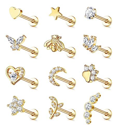 JeweBella JewBella 12 Pezzi 16G Cartilagine Helix Orecchini per Donna Uomo Acciaio Chirurgico Filettato Internamente CZ Luna Cuore Stella Foglia Labret Monroe Naso Stud Piercing Conch Trago Helix Argento/Oro