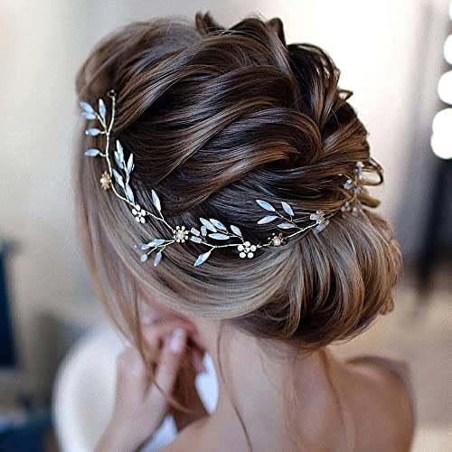 AMAXRcsy Set di orecchini a fascia con fiore di perla e foglia di pietra di luna artificiale diadema di diamanti set di accessori per capelli da sposa con fascia per capelli da sposa, tiara da sposa