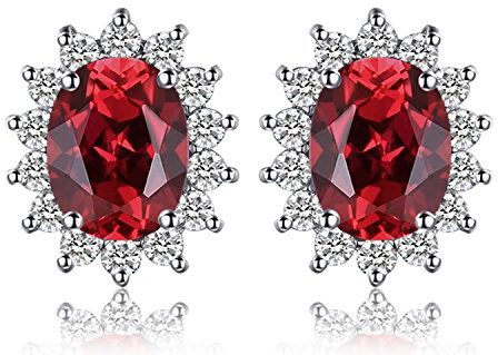 JewelryPalace Kate Middleton Orecchini a Bottone Donna Argento 925 con Naturale Granato Rosso, Princess Diana William Orecchini a Lobo con Pietra Ovale, Orecchini Stud in Argento Set Gioielli Donna