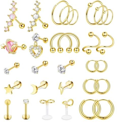 Dochais 30 Pezzi Piercing Cartilagine Helix Piercing Helix Acciaio Inossidabile Piercing Orecchio Helix Cerchio Orecchini Piercing Trago Oro Piercing Conch Orecchio per Donna 16G 18G 20G