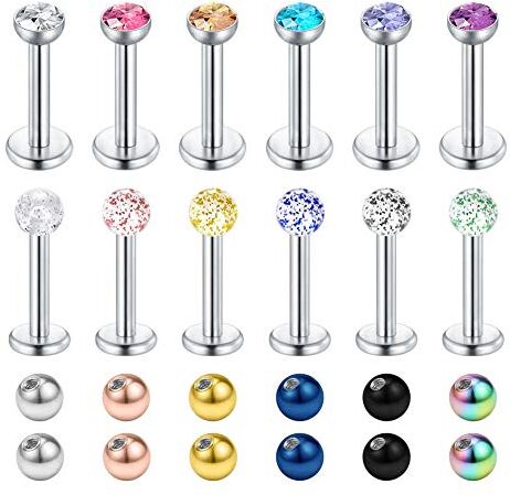 Longita 16G Acciaio Chirurgico Palla CZ Piercing Trago Orecchio Labbro Labret Monroe Anelli Stud Perno Helix Orecchini con Sfere di Ricambio Barra 6mm 8mm 12 Pezzi