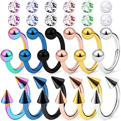 Mayhoop 12 Pezzi 16G Setto Piercing Naso e 12 Pezzi Palline di Ricambio Acciaio Chirurgico Palla Ferro di Cavallo Anelli al Naso Septum Barbells Orecchini Trago Labbro Piercing 6 Colori