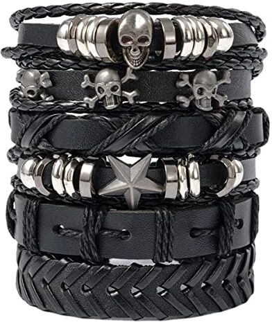 VELESAY Braccialetti in Pelle Intrecciata per Uomo Donna Intrecciato Cuoio Perline di Legno Braccialetto Multilivello Regolabile Bracciali Punk Goth Bracciale Vintage Pelle Bracciali