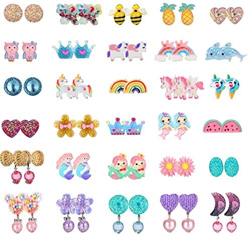 LOLIAS 30 Paia Orecchini a Clip per Bambini Ragazzi Carino Animali Sirena Principessa Fiore Orecchini Anallergici Bambina Non Piercing Senza Piercing Gioielli Set Bambini