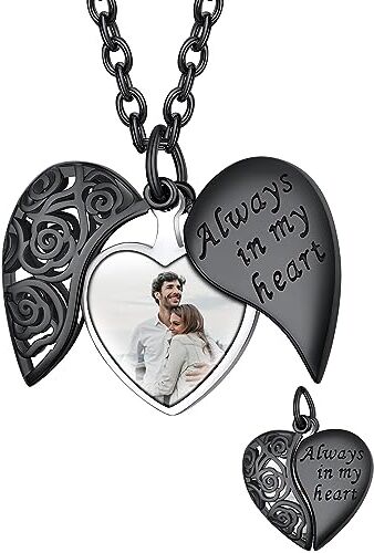 Supcare Foto Collana Personalizzata Locket, Nero Cuore Collana Portafoto con Rosa, Medaglione Idee Regalo Mamma Fidanzata