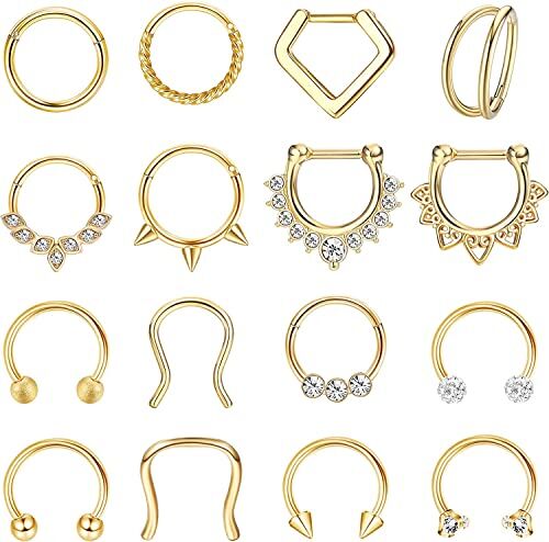 ADRAMATA 16Pcs Piercing Septum Piercing Naso Anelli Acciaio Chirurgico Daith Orecchini Piercing Helix Tragus Cartilagine Labbro Anello a Ferro di Cavallo Piercing Gioielli, 8MM, 16G,G