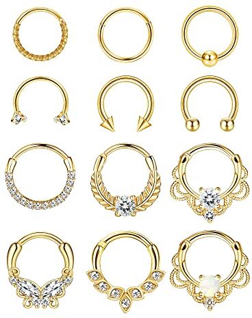 Milacolato Piercing Naso Anelli Setto Naso Daith Gioielli 16G (1.2MM) Anelli Piercing Naso 10mm Helix Tragus Orecchino Lip Rings Argento Oro Naso Septum Anelli Piercing