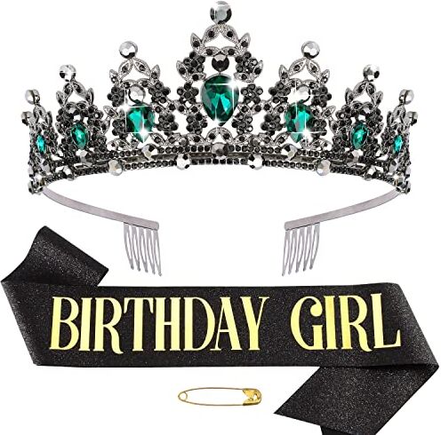 Didder Set con fascia nera e corona in cristallo verde, per compleanno, corona di compleanno per donne, corone di compleanno, per donne, ragazze, fascia di compleanno e diadema, regalo di buon compleanno