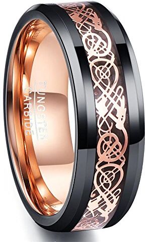 NUNCAD Anello in Tungsteno Uomo Donna Nero con Drago Celtico Oro Rose e Fibra di Carbonio per Matrimonio Fidanzamento Quotidiano e Moda 8mm Taglia 14-32