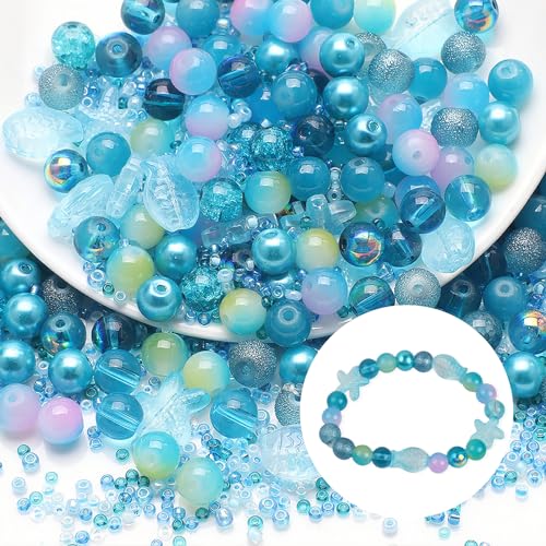 Roseyan Set di Perline di Vetro Colorate, 2 mm,8 mm, Fai da te, Perline di Cristallo, Rotonde, Multicolore, Effetto Marmo, per Bracciali, Collane, Orecchini, Ciondoli, Fai da te (Blu)