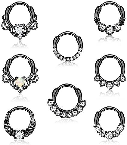 Morfetto 8 PZ 16G Setto Clicker Anello in acciaio inox CZ Opal Cartilagine Helix Trago Hoop Daith Orecchini naso anelli del cerchio incernierato Segmento Clicker anello Piercing Gioielli nero 8mm