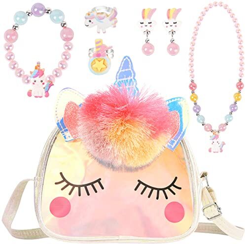 OSDUE Set di 7 Gioielli per Unicorno Borsetta Bambina, Unicorno Peluche Borsetta Bambina, Set Gioielli Unicorno Accessori per Capelli Mollette per Capelli Ragazze Arcobaleno Collana Bracciale Anello