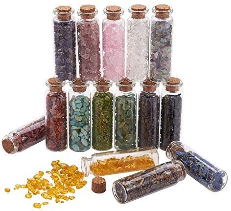 PH PandaHall 15 colori Mini bottiglie di vetro dei desideri, Chips di cristallo della pietra preziosa burattata non perforata Pietre di Reiki curative Set per gioielli con collana pendente