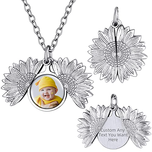 Supcare Girasole Cuore Collana Donna con Medaglione, 05 Stile Argento Collana con Foto Personalizzata, 50+5 cm Regolabile Catena Ciondolo Portafoto, Idee Regalo Natale Compleanno per Ragazze