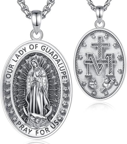 EUDORA Harmony Ball Collana in Argento Sterling Vergine Maria Virgen de Guadalupe per Donne, Medaglia Miracolosa Della Madonna di Guadalupe Beata Madre Virgencita Ciondolo Amuleto Gioielli Regalo, 22'