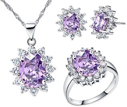 Uloveido Collana da Donna e Orecchini Borchie Anelli Set di Gioielli per Anniversario di Matrimonio con Cristalli Viola T466 (Misura 14,5)