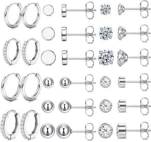 JeweBella Orecchini Acciaio Chirurgico Donna Piccoli Orecchini a Cerchio Argento Set Orecchini Opale Zirconia per Piercing Multipli Orecchini Anallergici Cartilagine Piercing Orecchio per Donna Uomo