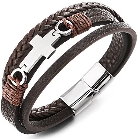 COOLSTEELANDBEYOND Acciaio Lato Orizzontale Laterale Piatto Croce Tre Filoni Marrone Intrecciato Pelle Bracciale Cuoio, Uomo Donna