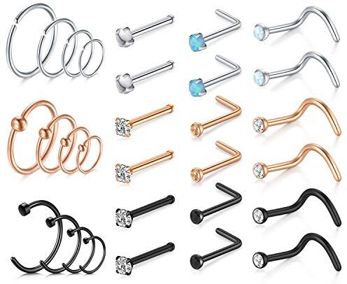 Mayhoop Piercing Naso Anelli Borchie al Naso 20G Acciaio Chirurgico Argento/Oro rosa/Nero con CZ Opale Marmo Anelli Naso Studs Donna Uomo Ragazza Piercing Gioielli 30Pieces