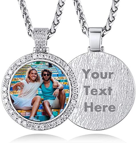 Custom4U Collana Personalizzata con Foto Testo Incisione in Rame a Forma Rotondo con AAA Zirconi Scintillanti Collana Fortunata Argento Catena 18"-30