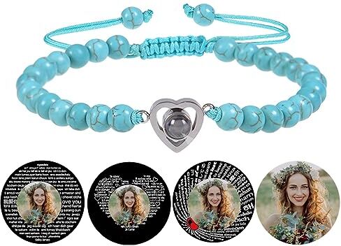 Certykllp Bracciale con perline cuore personalizzato con immagine all'interno Custom Photo Projection Bracciale cristallo nero agata bianco turchese bracciali per fidanzato anniversario coppie gioielli