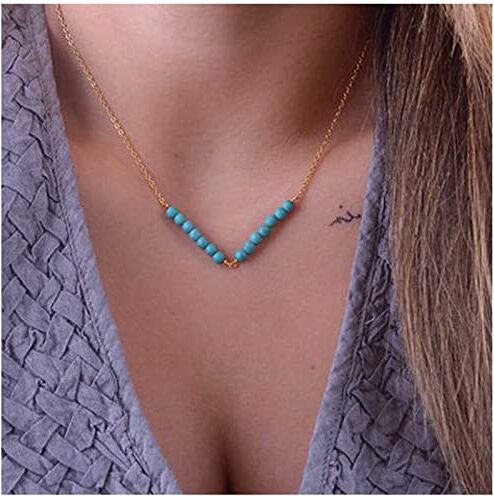 Allereya Boho Collana turchese naturale Collana piccole pietre turchesi Collana girocollo con pietre preziose in oro Collane perline blu Collana catena di perline Gioielli per donne e ragazze