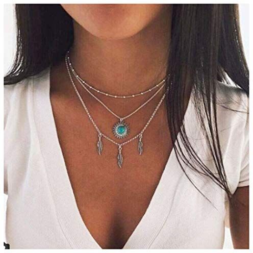 Dishowme Collana turchese con foglia di luna Collana con ciondolo in pietra preziosa con colonna esagonale Boemia Bigiotteria occidentale per donne e ragazze (Argento A)