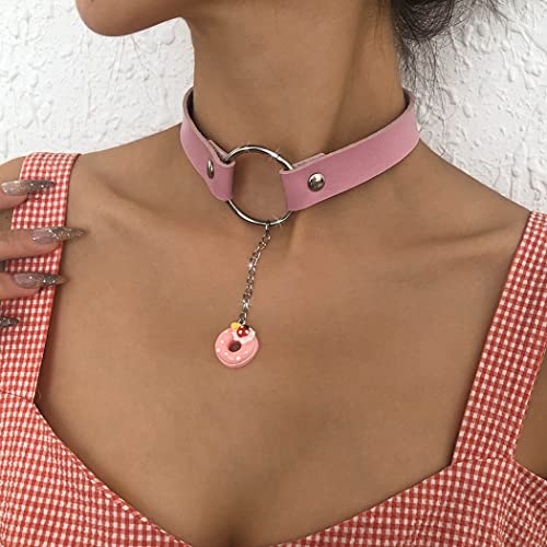 Ushiny Collana girocollo punk in pelle rosa con ciondolo in metallo PU collana gotico nightclub rave collana gioielli accessori per donne e ragazze