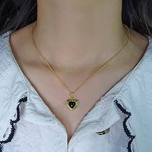 TseenYi Collana Di Cuore In Ossidiana Nera Collana Di Cuore In Onice D'oro Collana Di Cristallo Nero Gemma Ciondolo Collana Piccola Catena Di Perline Collana Gioielli Per Donne E Ragazze Regali