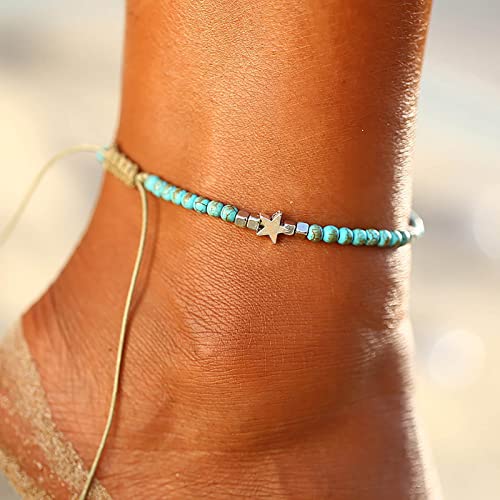 TseenYi Boho Turchese Perline Cavigliera Bracciale Argento Stella Turchese Perline Seme Cavigliere Piccolo Turchese Perline Cavigliera Estate Spiaggia Piedi Gioielli Per Donne E Ragazze Regali