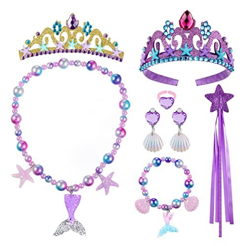 Lurrose Set di gioielli da bambina con corone a sirena, per ragazze, sirena, collana, orecchini, bacchetta magica, bracciale, anello sirena, accessorio per feste