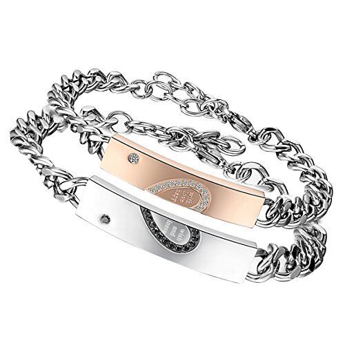 Flongo Coppia Bracciali Braccialetto Lui & Lei, Ti Ho nel Cuore, Acciaio Inox bracciali d'Amore, Nero Argento, Regalo per San Valentino/Natale, Una Coppia