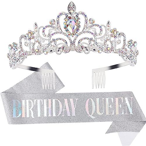 REYOK Corona Compleanno Corona Tiara Regina Regalo Compleanno Donna Argento con Birthday Girl Tracolla Birthday Girl Fascia Sash per Spose Concorsi di Bellezza Feste Compleanni