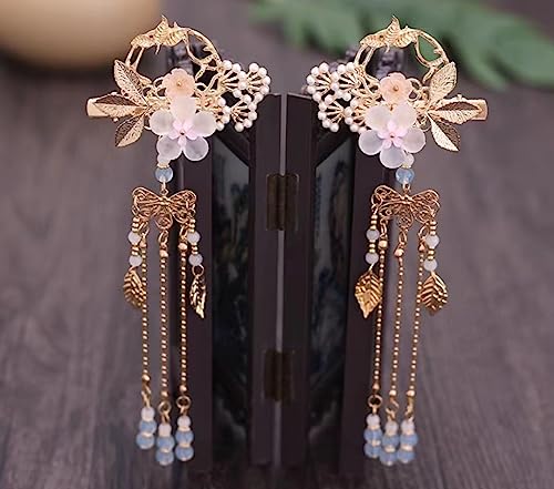 TozLu Forcine for capelli da sposa, bastoncini for capelli Hanfu, abito Hanfu delicato in stile cinese antico fiore foglia lunga nappa pendente forcine for capelli gioielli for capelli fata da donna 1 paio