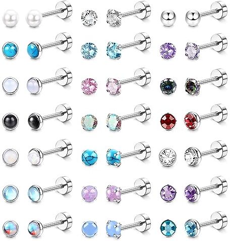 JeweBella 21Paia Piccoli Orecchini Acciaio Chirurgico Donna Ragazze Zirconia Opale Pietra di Luna Turchese Onice Nero Orecchini Argento Set Ipoallergenici Piercing Cartilagine Orecchini Gioielli