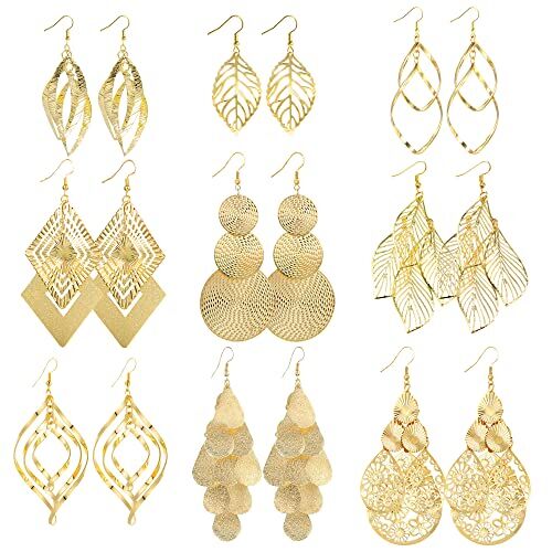 Ash Orecchini d'oro Boho Set, 9 coppie di orecchini a goccia d'oro per le signore ragazze, ipoallergenici Gioielli di moda Grandi Orecchini Foglia lunga Hollowing Foliage Boho Cartilage Orecchini a goccia