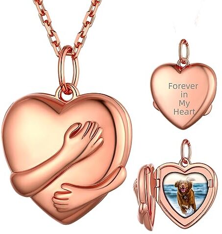 Supcare Ciondolo con Foto Personalizzata, Cuore Collana Argento 925 Donna Ciondolo Portafoto, Oro Rosa Collana con Foto Medaglione Donna con l' Abbraccio, Idee Regalo Donna Natale Compleanno