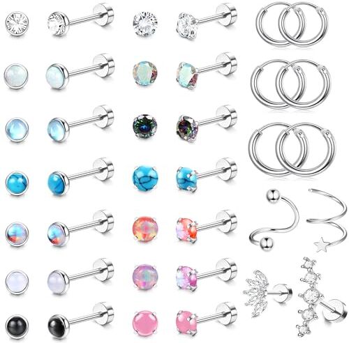 JeweBella 19Paia Piccoli Orecchini Donna Acciaio Chirurgico Zirconia Opale Pietra di Luna Turchese Orecchini Argento Set Orecchini Cerchio Anallergici Piercing Cartilagine Flatback Orecchini