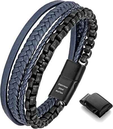 Murtoo Bracciale Uomo Pelle e Catena Acciaio Braccialetto con Chiusura Magnetica Pacco Regalo per L'uomo (Nero Blu, 22)