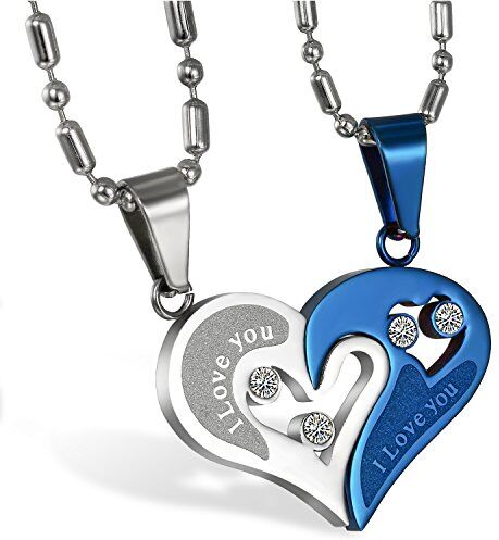 JewelryWe Coppia Collana per Lui & Lei Regolabile Cuore Puzzle con Zircone Lucido scritta I LOVE YOU Regalo per San Valentino