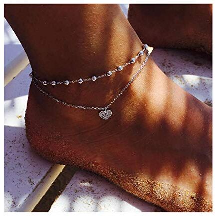 Edary Boho cuore a strati ciondolo cavigliera strato cavigliere moda vintage perline catena cavigliera spiaggia cavigliera braccialetto piede catena gioielli per donne e ragazze (argento)