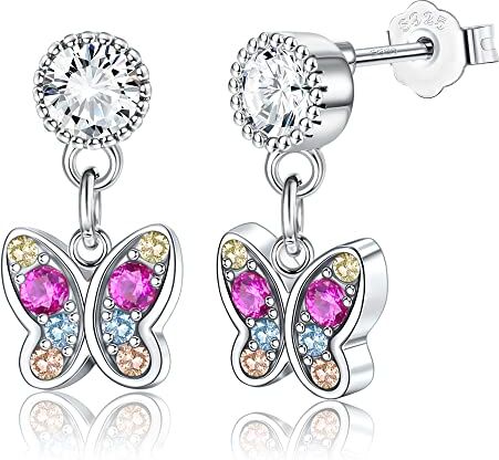 ORAZIO Orecchini Pendenti in Argento 925 per Donne Bambini Ragazze, Orecchini a Goccia a Forma di Farfalla Cuore Stella e Fiore Orecchini Penzolanti in Zirconia Colorata Ipoallergenici Regalo